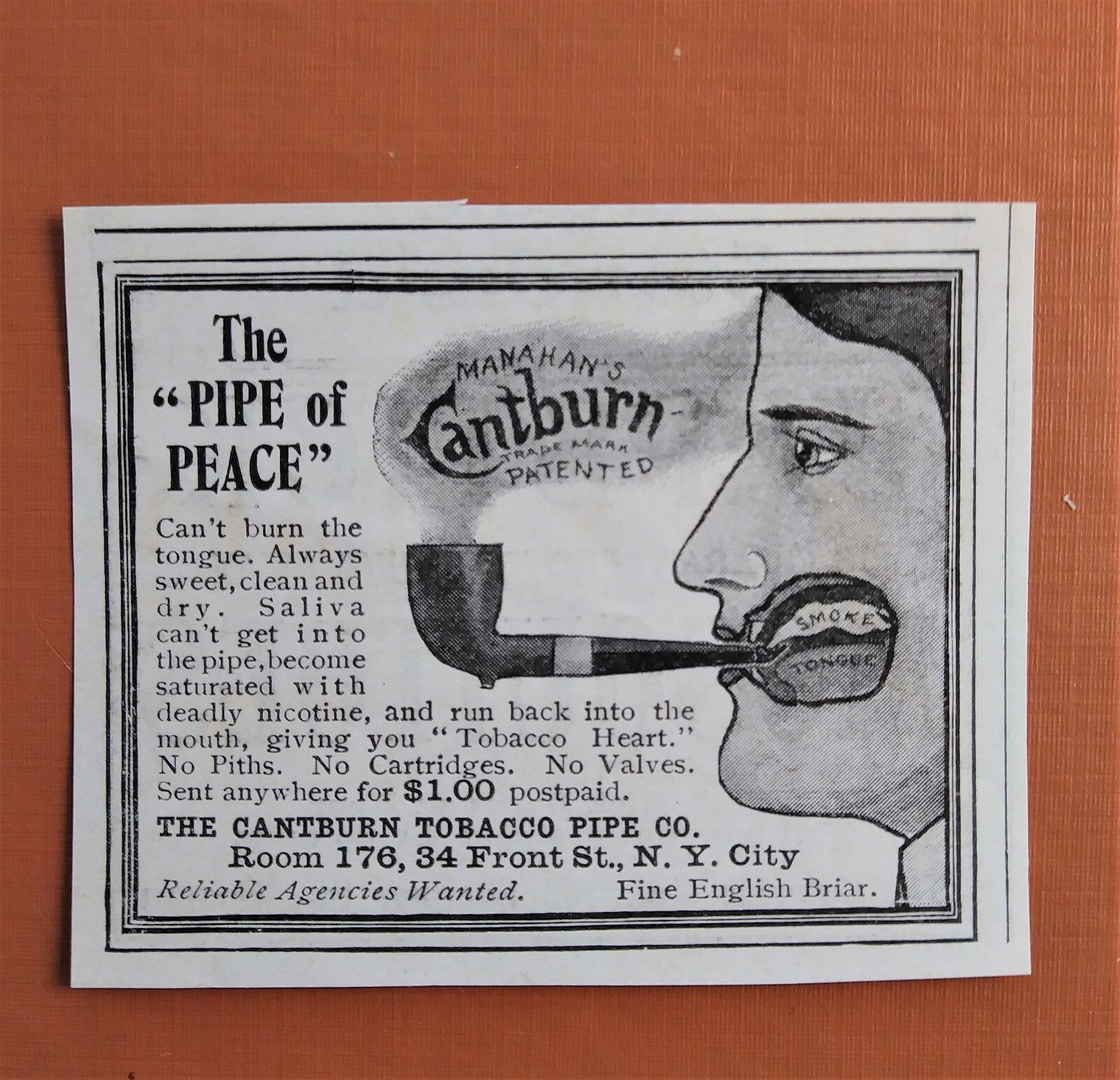 1900's Smoking Cantburn Tobacco Pipe Co. 1904 Print AD "The Pipe