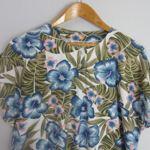 Camisa tejida vintage Gitano para mujer XL 22W - 24W azul floral algodón manga gorra - Imagen 6 de 8