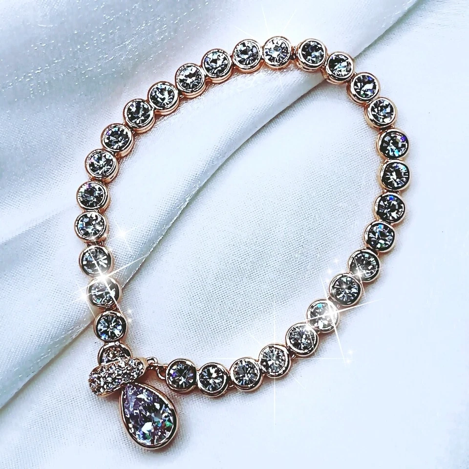 Hecho con SWAROVSKI Cristal Gota de Agua 18k Oro Rosa Relleno Tenis Pulsera Foto 2 de 4