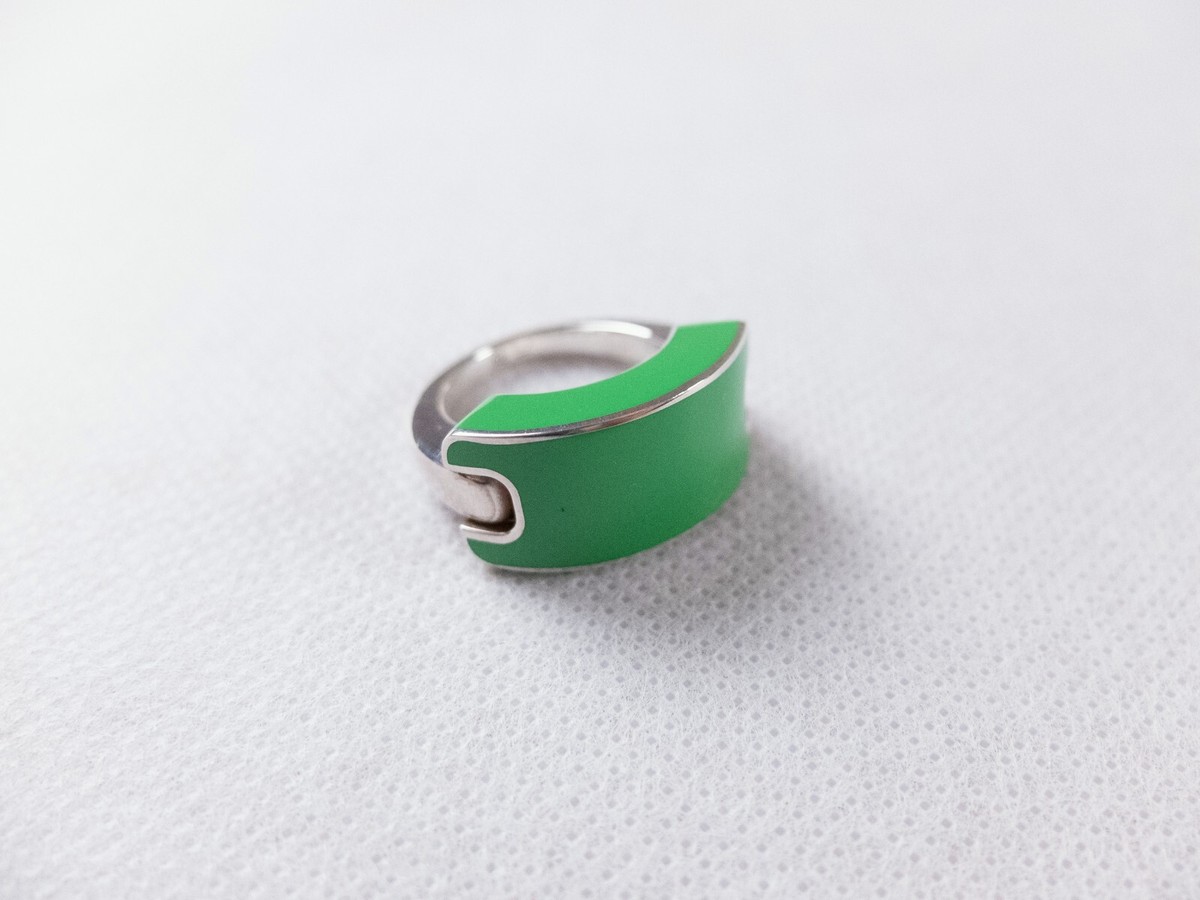BOTTEGA VENETA ID green enameled Sterling silver chunky ring Size 