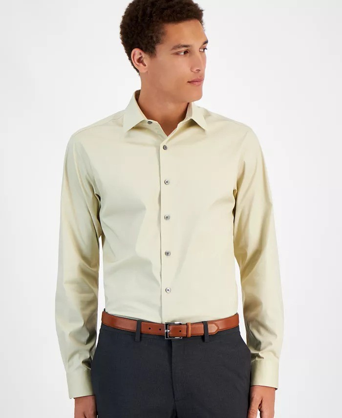 Alfani Dress Shirt Mens 15-15.5 34/35 Brown Rice Slim-Fit Temperature Regulate