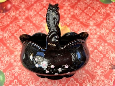 Vintage Payot Of Paris Black Porcelain Basket Vase Floral Painted Dish NONA