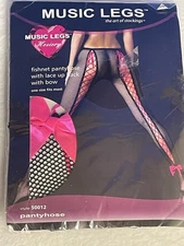 Music Legs Hosiery Fishnet Pantyhose w/Lace up back & bow Black/Pink