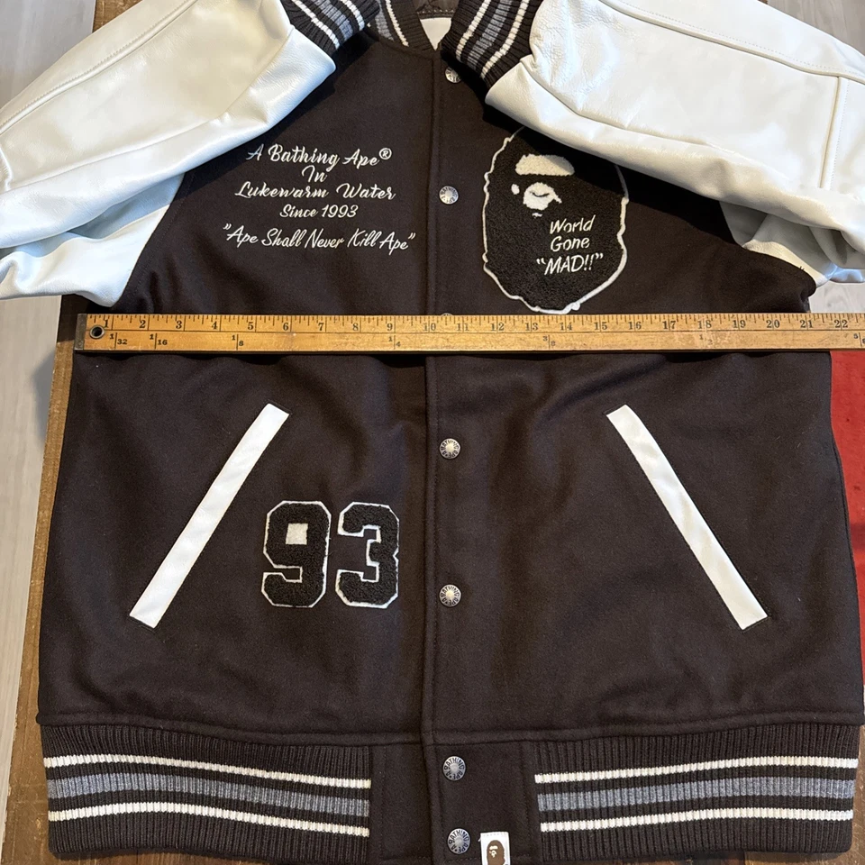 BAPE Varsity Jacket Leather Sleeves SZ LRG Brown & White Letterman A Bathing Ape - Image 3 of 4