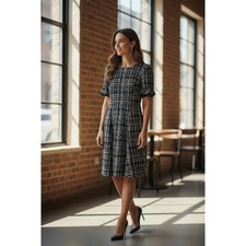 NWT- DKNY Black White Tweed Sheath Dress Puff Sleeve Business Casual Size 6