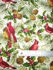 2 yards Moda Christmas cotton fabric CARDINALS PINECONES holly, fir tree