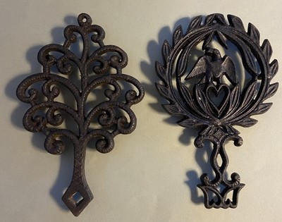 Colonial Eagle & Tree of Life Cast Iron Trivets by John Wright Inc Vtg