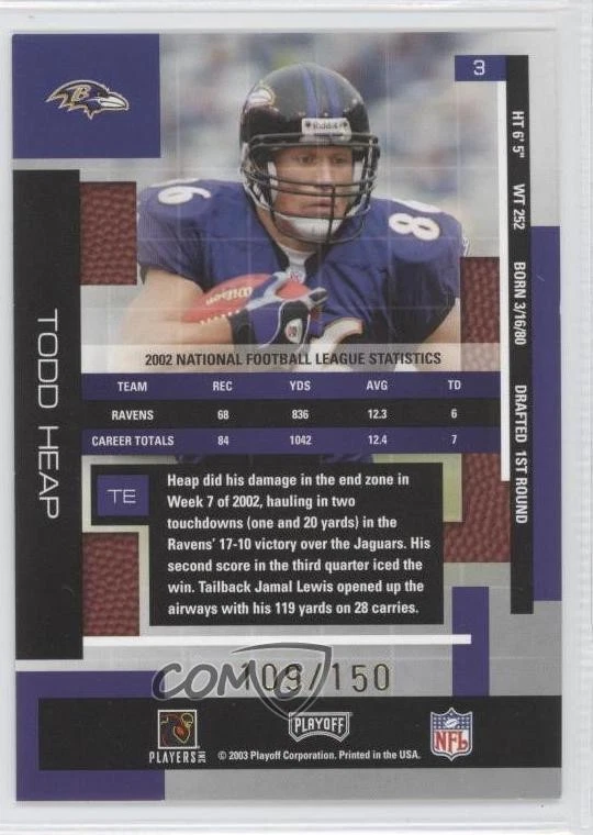 2003 Playoff Absolute Memorabilia Spectrum /150 Todd Heap #3 - Image 2 of 2