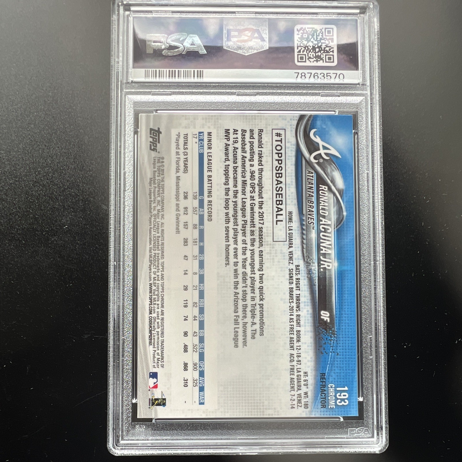 Topps 2018 Chrome Ronald Acuna Jr. Braves #193 Pink Refractor RC PSA 10 view 4
