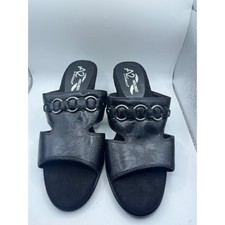 A2 by Aerosoles Black Leather Chain Detail Wedge Heel Mules Sandals Women's 7