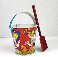 Vtg Small Ohio Art Tin Litho Childs Sand Pail Shovel Boy Girl Dog Red Bucket
