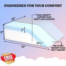 Bed Wedge Leg Elevation Pillow 8" Memory Foam Post Surgery Swelling Relief