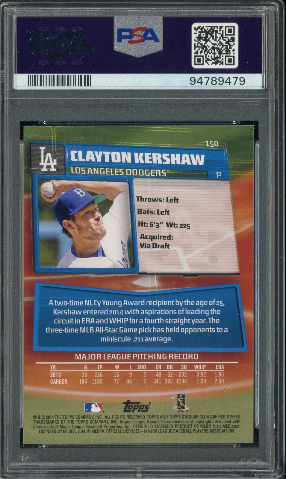 2014 Stadium Club #150 Clayton Kershaw Dodgers PSA 10 GEM MINT view 2