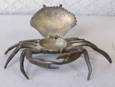 Vintage Solid Brass Crab Trinket Box Ashtray Movable Claws Hollywood Regency