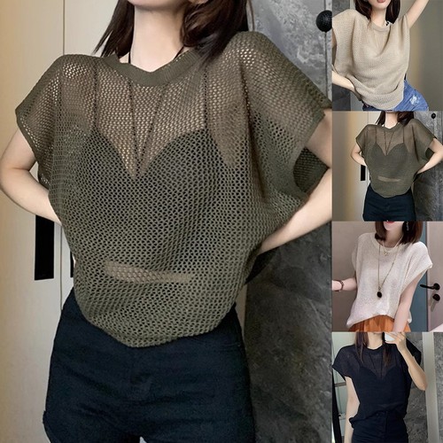 Summer Hollow Out Short Sleeve Loose Fit TShirts for Women Casual Style - Zdjęcie 2 z 19