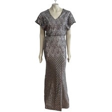 BETSY ADAM Art Deco V-neck Sequins Formal Dress in Silver Mocha WOMEN'S 6