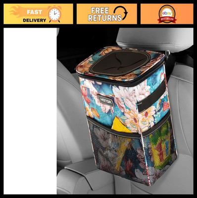Leak-Proof Car Trash Can with Lid & Storage Pockets - Waterproof 2 Gallon Bin, B