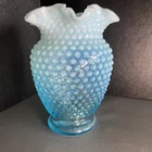 Vintage Hobnail Blue Glass Vase Ruffled Top Opalescent Ombré 6”