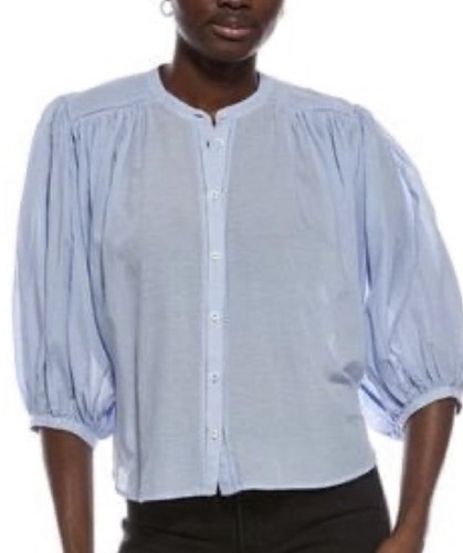 MADEWELL Shirred Crewneck Puff Short Dleeves Button-Up Top Tranquil Blue $110