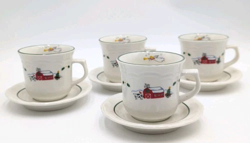 Pfaltzgraff Snow Village Christmas Snowman Cups/Mugs & Saucers Set of 4