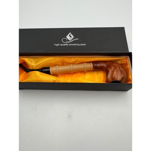 PI-702 Wood Smoking Pipe with Bamboo Style Stem and Fluted Bowl in Gift Box