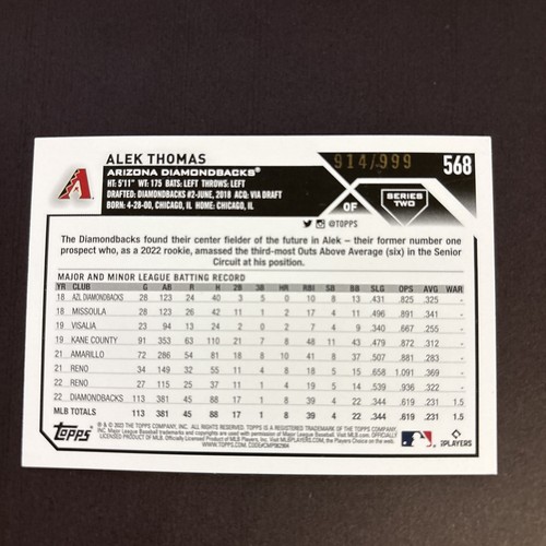 2023 Topps Series 2 - Future Stars Alek Thomas #568 Blue Foil /999 - Picture 2 of 3