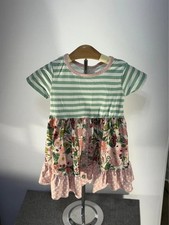 Girls Size 3 Floral Striped Dress Pink Green Ruffle Pockets Boutique Style 59