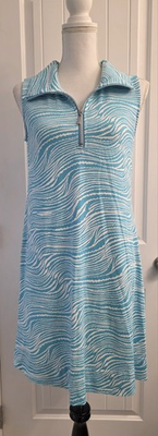 #ad LULU B Dress Sleeveless Summer Tunic Aqua White Abstract Womens Small 1 4 Zipper $27.00