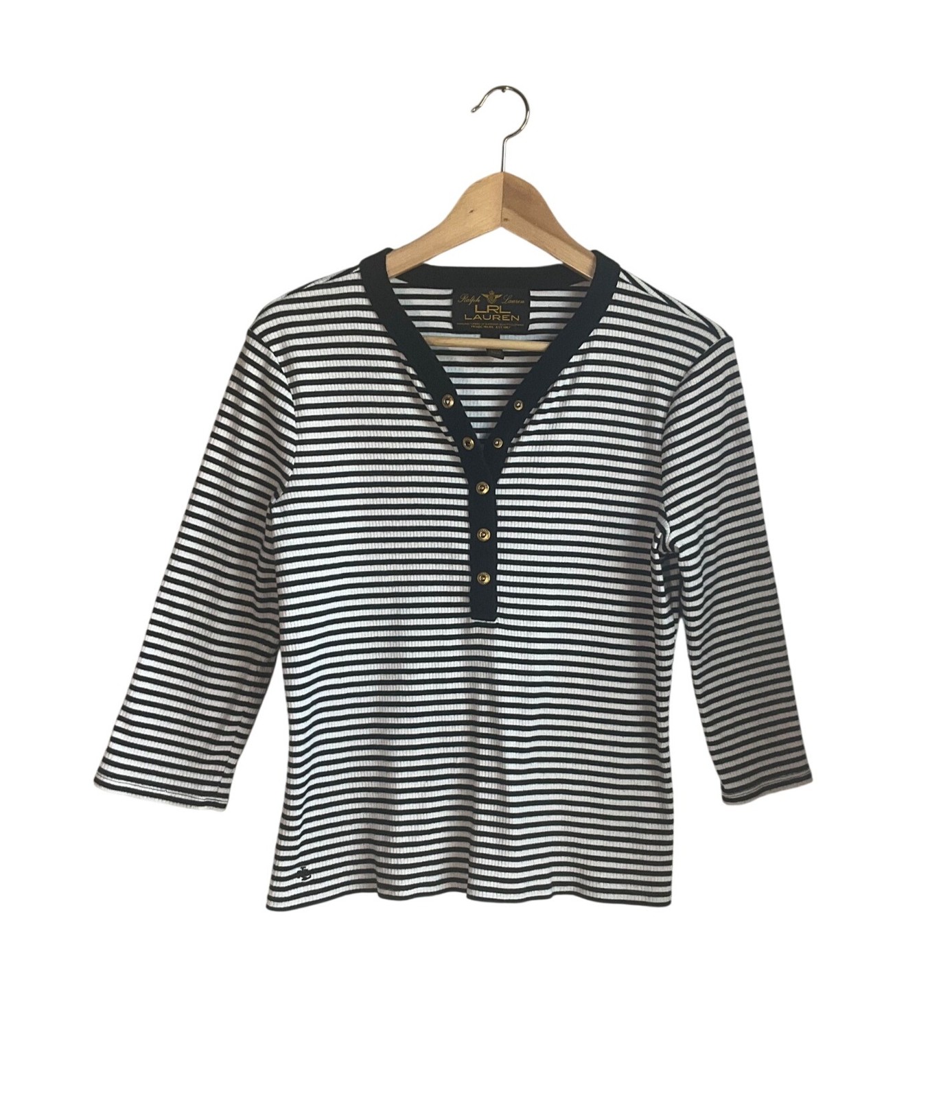 Ralph Lauren Black Label, Vintage Ralph Lauren Black Label Large Striped Ribbed Henley T-Shirt Old Money M