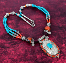 Collar nepalí de plata maciza 925 con piedras preciosas de coral rojo turquesa y rojo