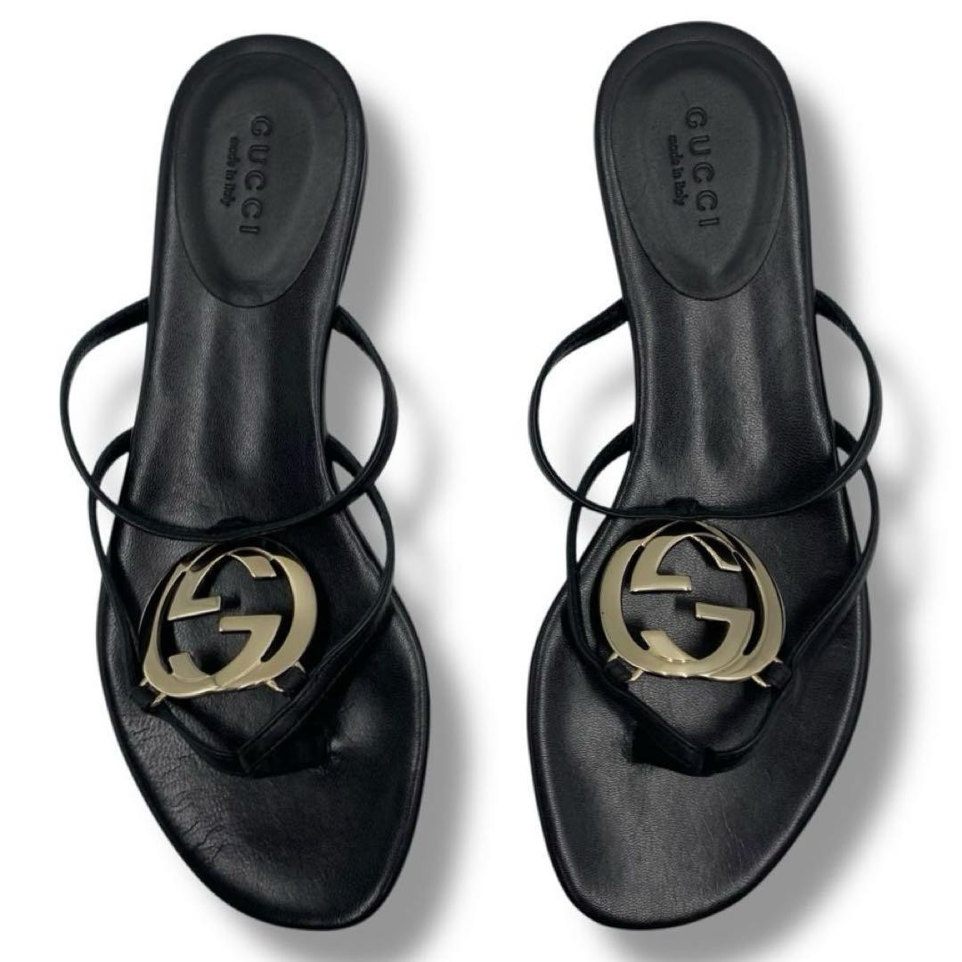 Gucci Thong Sandals Black Leather With Logo Size 35.5 US About5.5 For Women thumbnail 2