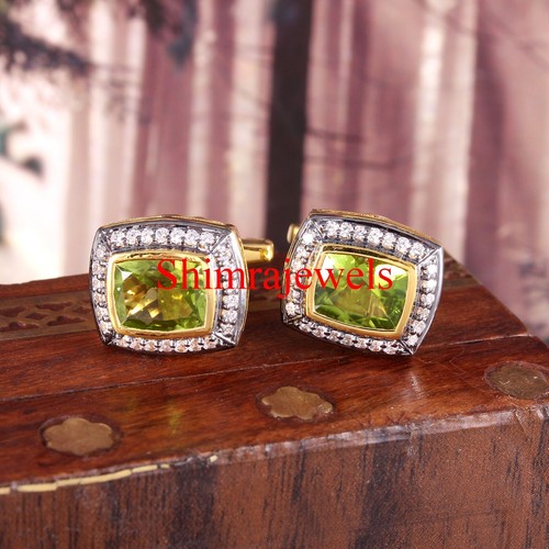 Natural Peridot Gemstone With 18K Gold Plated Silver Cufflinks #262 - Picture 1 of 11