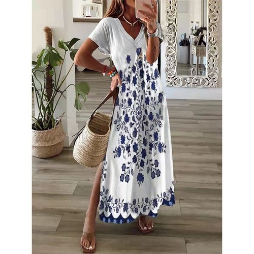 Summer Women Loose Casual Fashion Print Short Sleeve Long Split V-Neck Dress - Picture 5 of 12