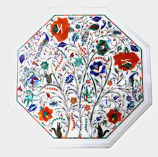 Tavolo intarsiato marmo bianco 12" originale 100%, design intarsio pavone Pietra Dura