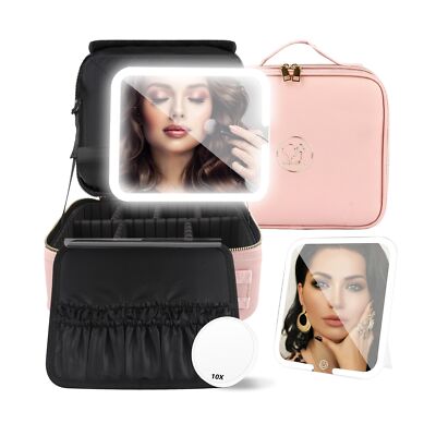 Makeup Train Case Makeup Bag with Light up Mirror Cosmetic Bag Organizer Deta...