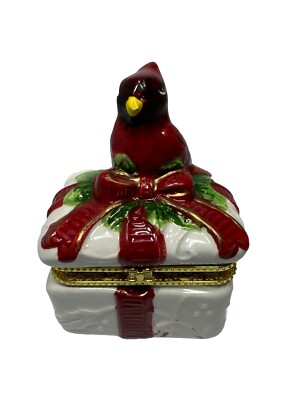 CERAMIC CARDINAL TRINKET BOX with Holly berries and Bow