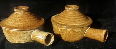 Vintage Set Of 2 Brown Stoneware Steamer Pots W/ Lid And Handle Onion Soup Crock