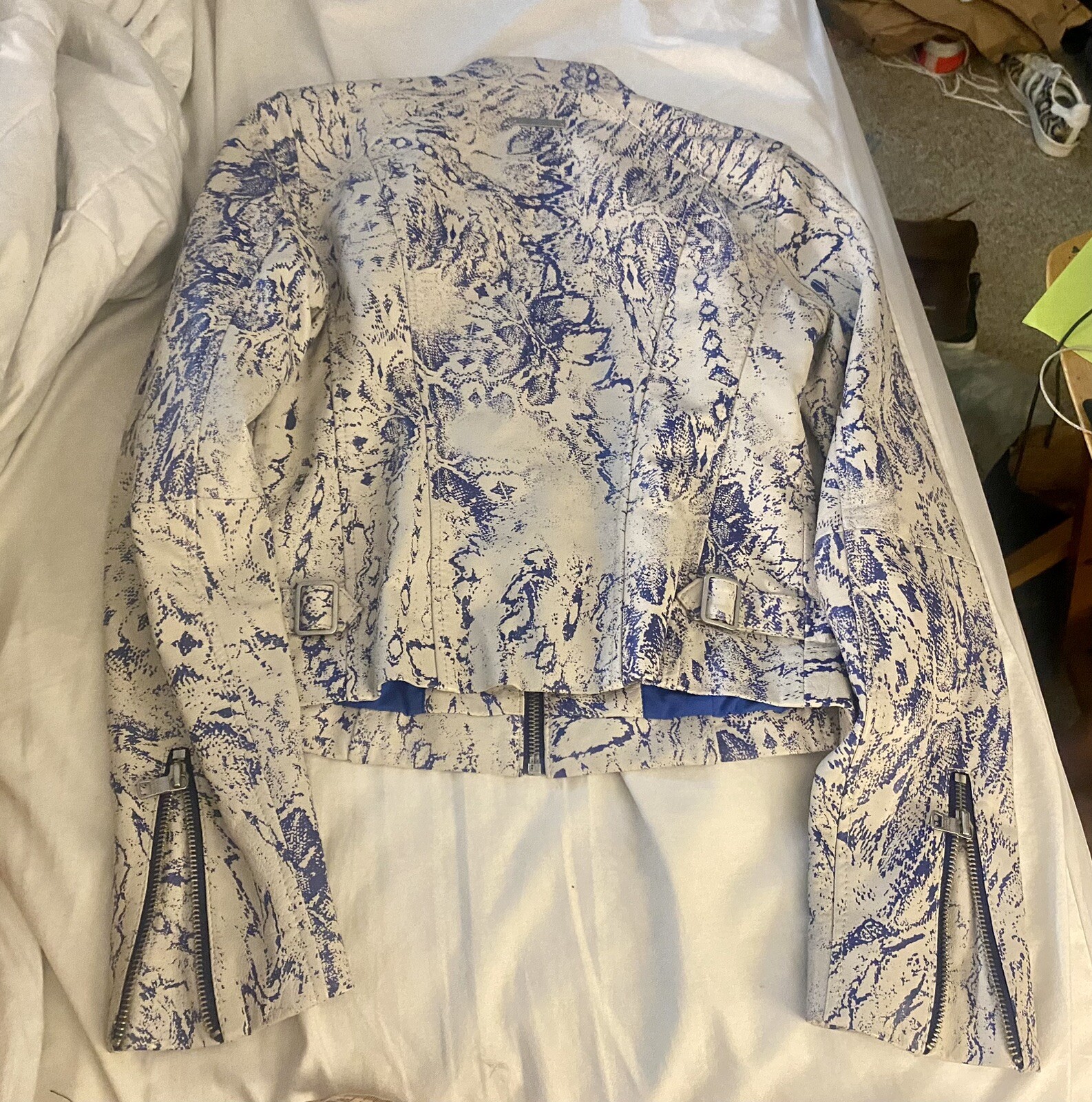 Armani Exchange snake print leather fitted jacket Blue Off White Women’s Small image 3