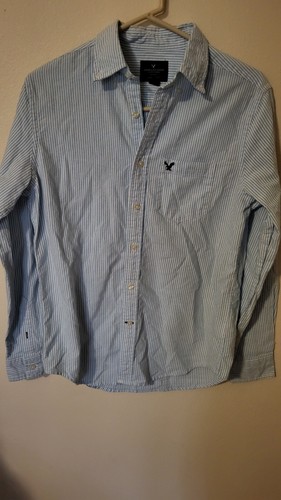 AMERICAN EAGLE OUTFITTERS FAVORITE SHIRT Women's Blue stripe SP Blouse 1 Pock - Picture 21 of 24