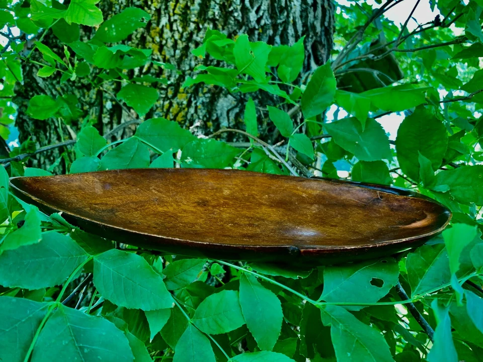 复古木质碗深餐盘叶形手工制作长 15 英寸 — 第 3/4 张图片