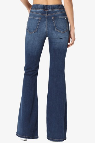 TheMogan Elastic Waist High Rise Full Length Stretch Denim Flare Leg Jeans - Picture 10 of 26