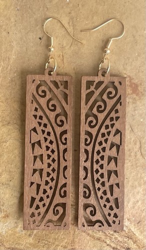 Wood Rectangle Brown Cut Out Dangle Drop Retro Earrings Boho Long Lightweight