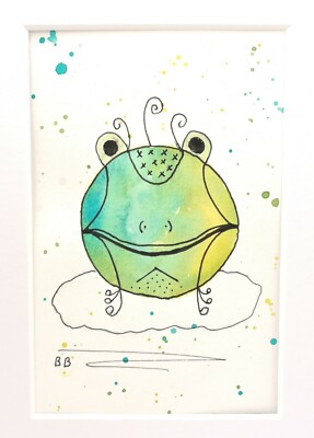 Aquarell Gemälde Frosch Lindgrün montiert Original Unikat Geschenk KEIN DRUCK