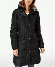 London Fog Women's Puffer Coat In Black Faux Fur Trim Removable Hood Size M Warm