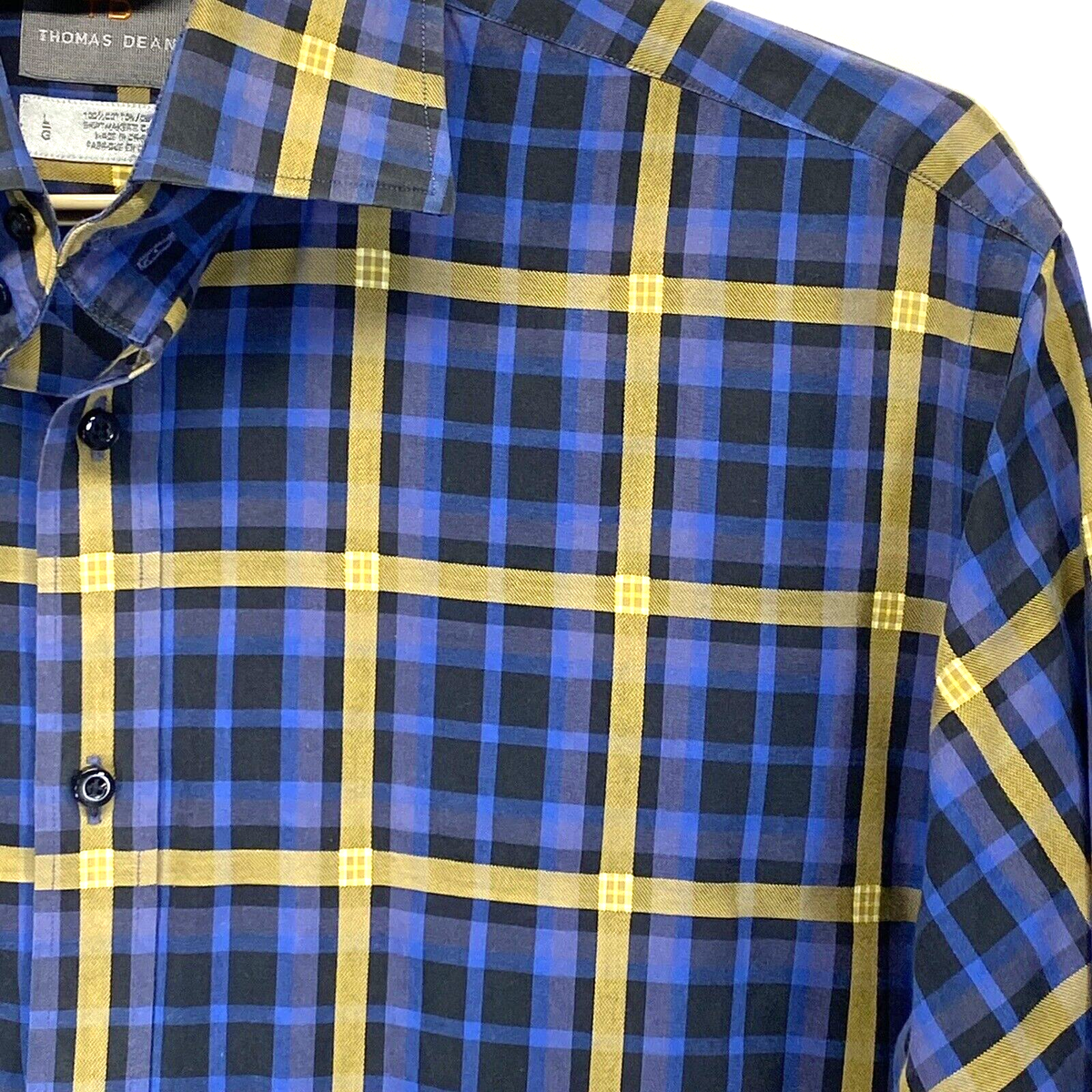 Thomas Dean Mens L 16-35 Blue/Gold Check Shirtmakers Cloth Button
