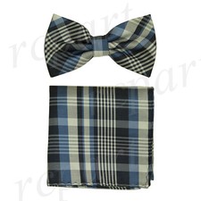 Men's Pre-tied Bow Tie  hankie set plaids  checker blue formal prom wedding