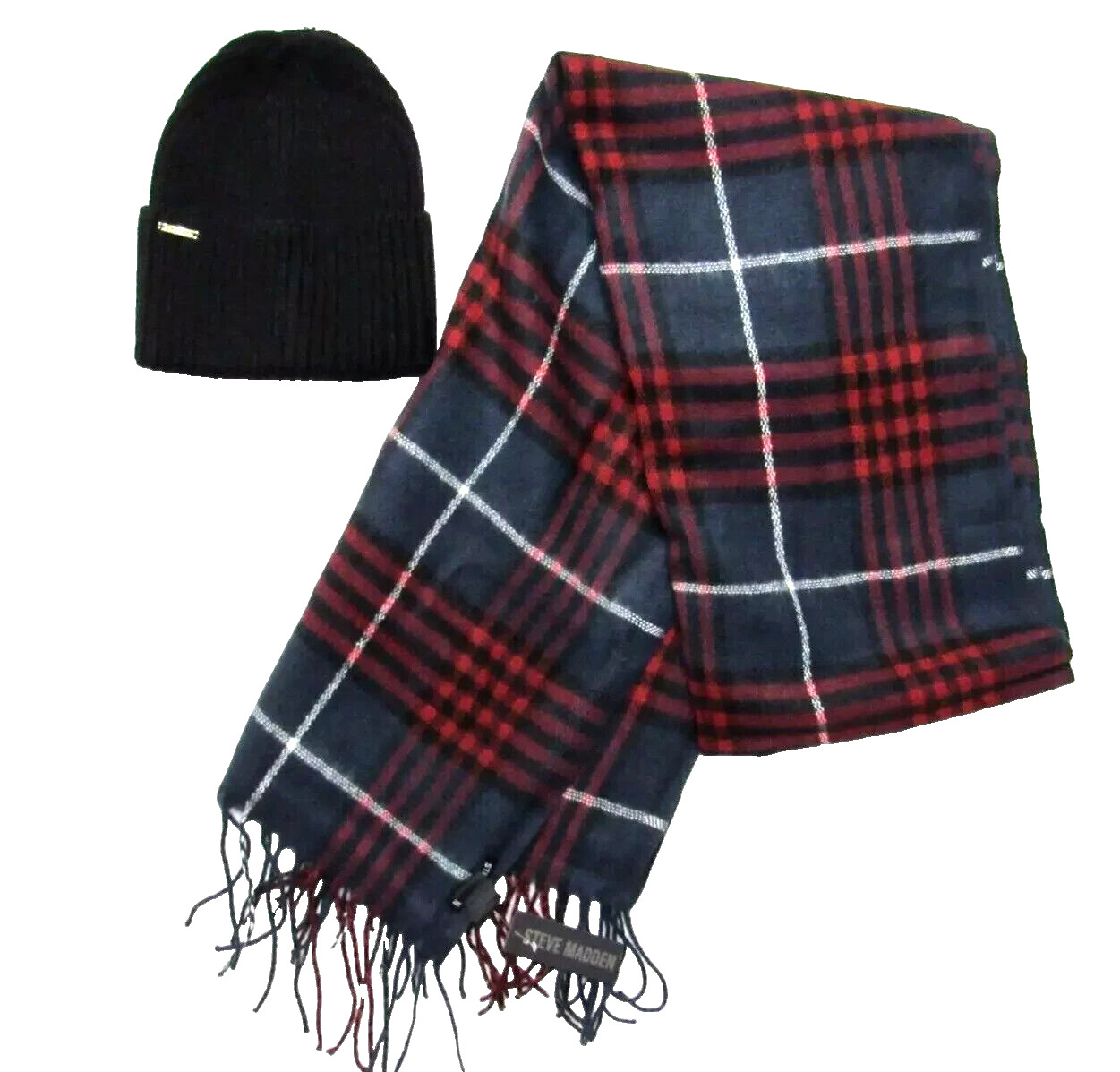 Комплект от Стива Мэддена - черная шапочка и темно-синяя / красная клетчатая шаль, шарф-накидка, НОВИНКА