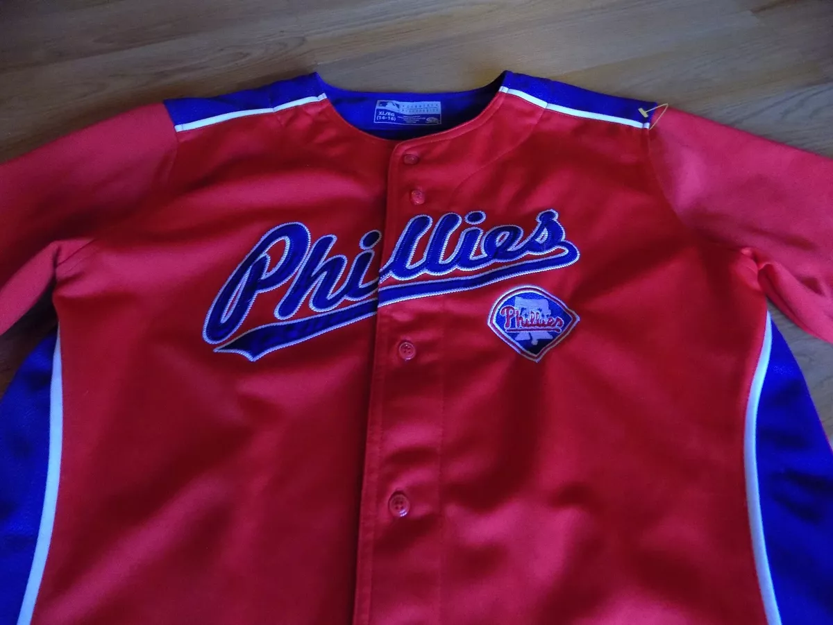 Youth Size XL 14-16 Philadelphia Phillies Red Blue Embroidered Baseball Jersey
