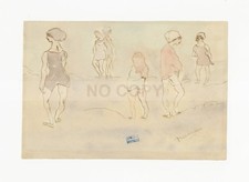 ❤️ Pascin Dessin original encre brune lavis d'aquarelle tons roses mauves superb