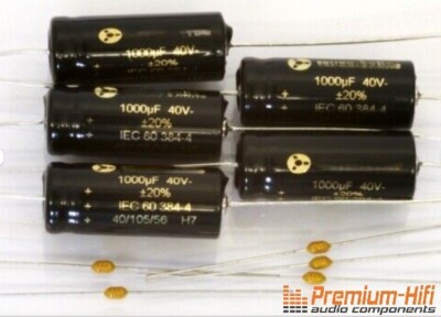 5 Stück High Grade Audio/Power CAP Elko 1000µF 40V axial Low ESR 105°C + Bypass